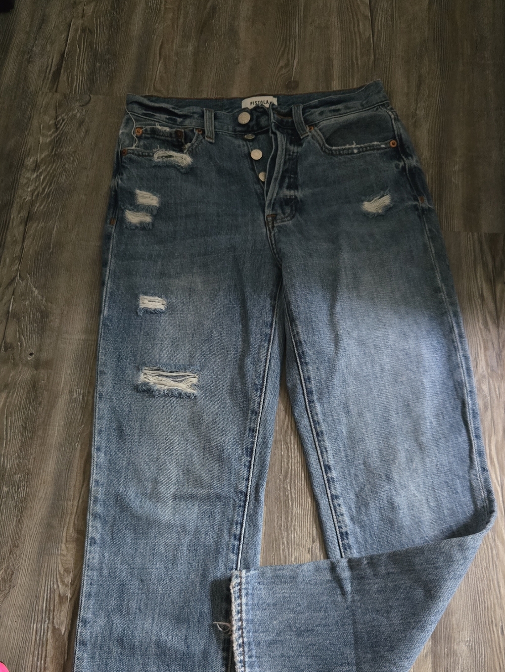 pistola Blue Distressed Boyfriend Jeans with Button Fly
